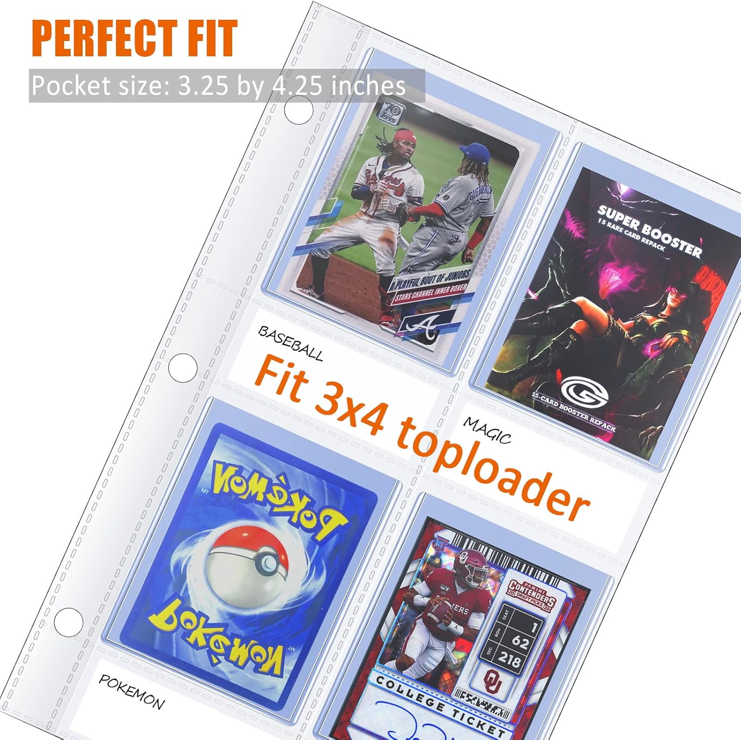 4 Pocket Toploader Sleeves, Trading Card Binder Pages, Baseball Card Storage Sleeves for 3 Ring Binder-50 Pages